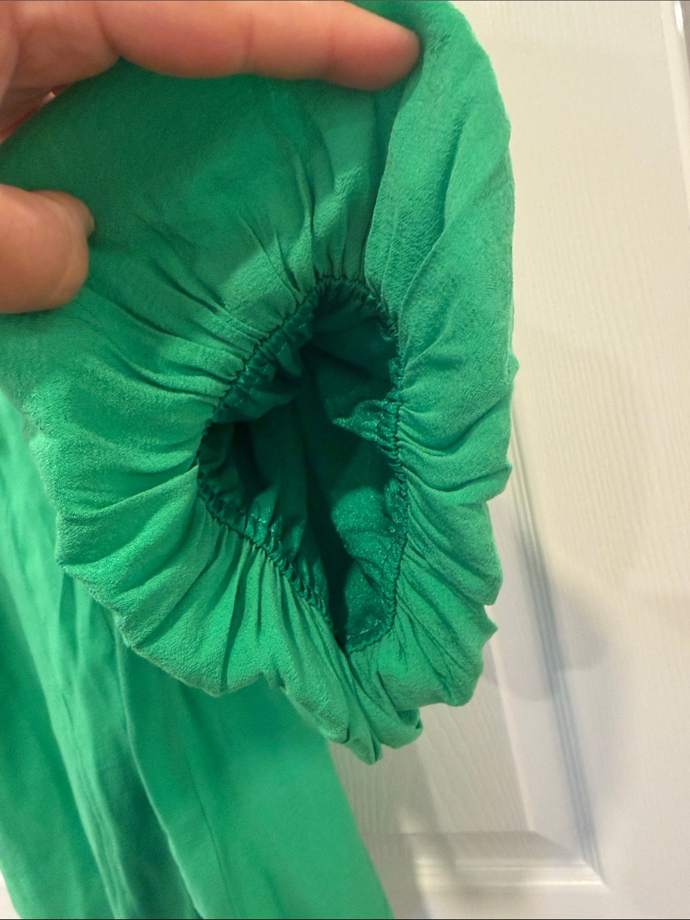 THML Emerald Green Puff Sleeve Blouse with Cream Crochet Medallions - Picture 5 of 6